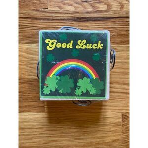 NWOT good luck ceramic coasters/ cork backing /4x4 with holder St Patrick day